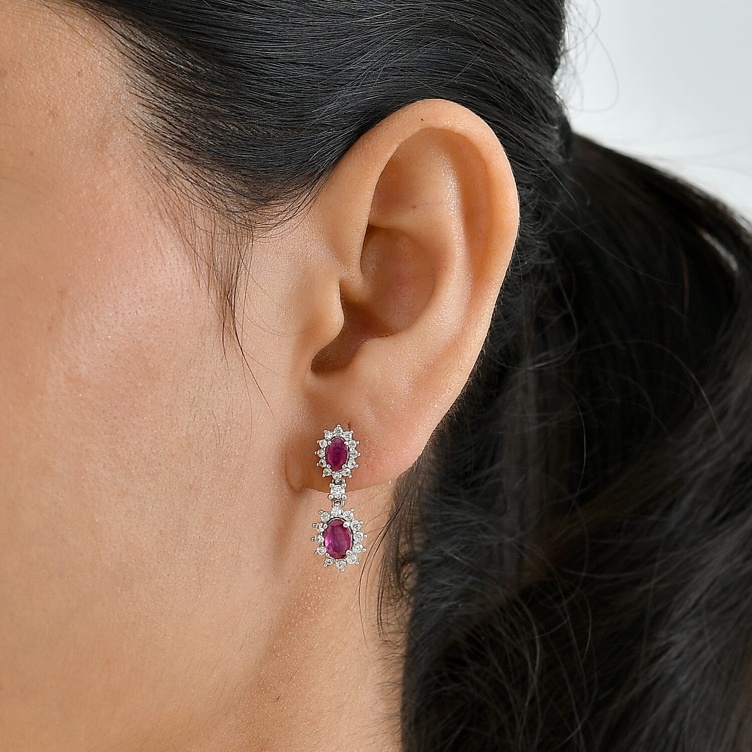 D'Joy African Ruby, White Zircon Dangling Earring in Platinum OverlaySterling Silver  2.872  Ct.