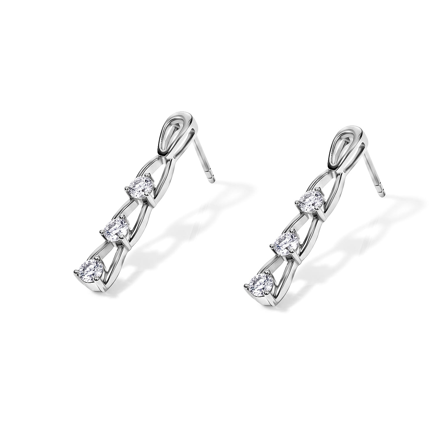 D'Joy - Moissanite Trilogy Push Post Earring in Platinum Overlay Sterling Silver