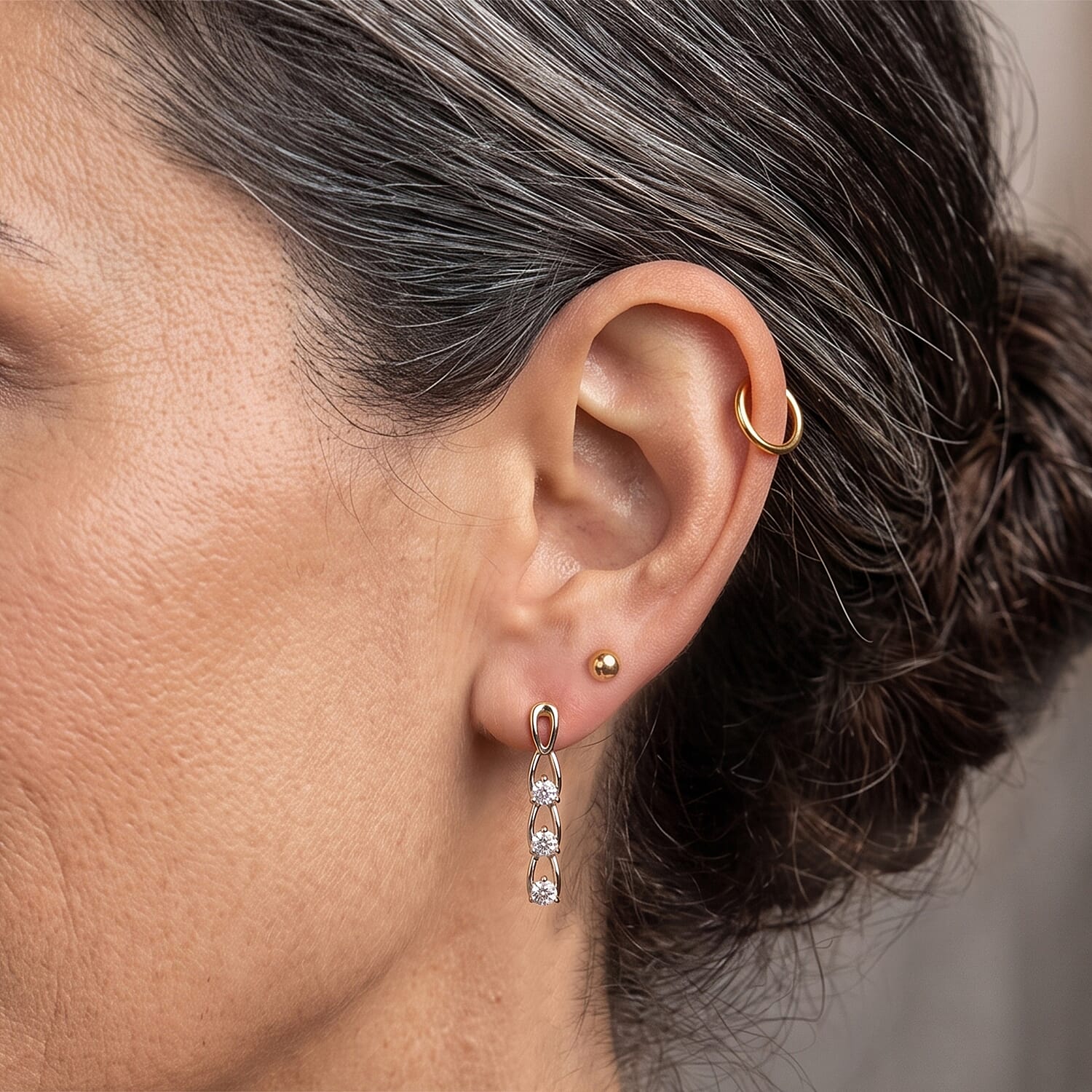 D'Joy - Moissanite Trilogy Push Post Earring in Platinum Overlay Sterling Silver
