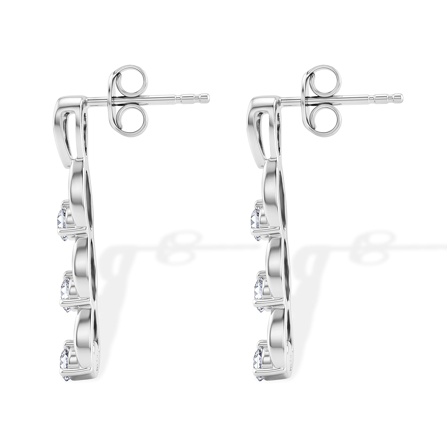 D'Joy - Moissanite Trilogy Push Post Earring in Platinum Overlay Sterling Silver