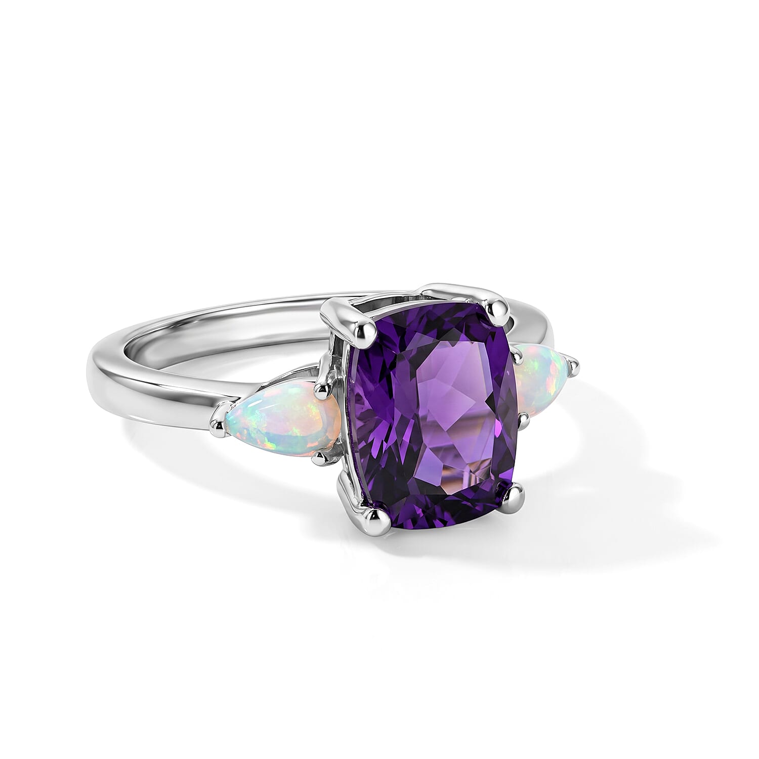 D'Joy - Natural Moroccan Amethyst & Ethiopian Opal Trilogy Ring in Platinum Overlay Sterling Silver 2.43 Ct.