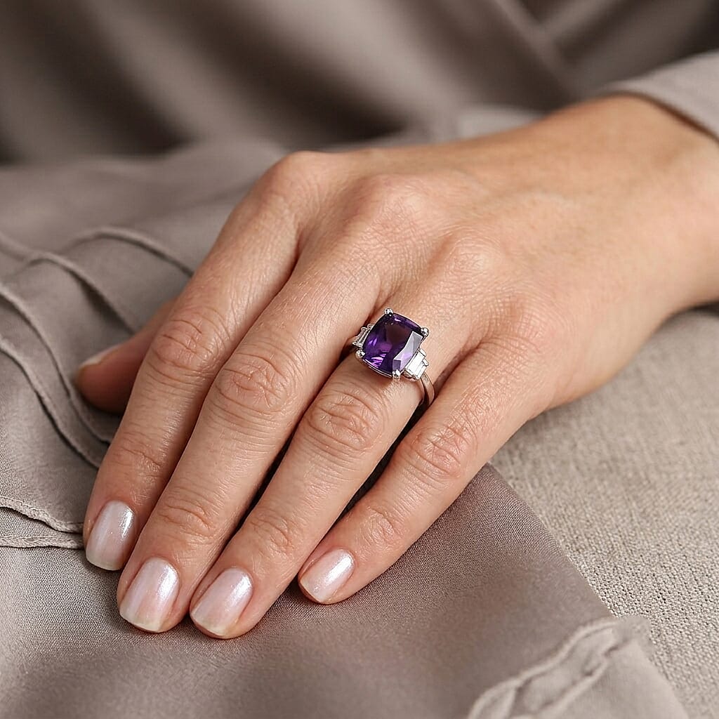 D'Joy - Natural Moroccan Amethyst & Moissanite 5 Stone Ring in Platinum Overlay Sterling Silver 3.43 Ct.
