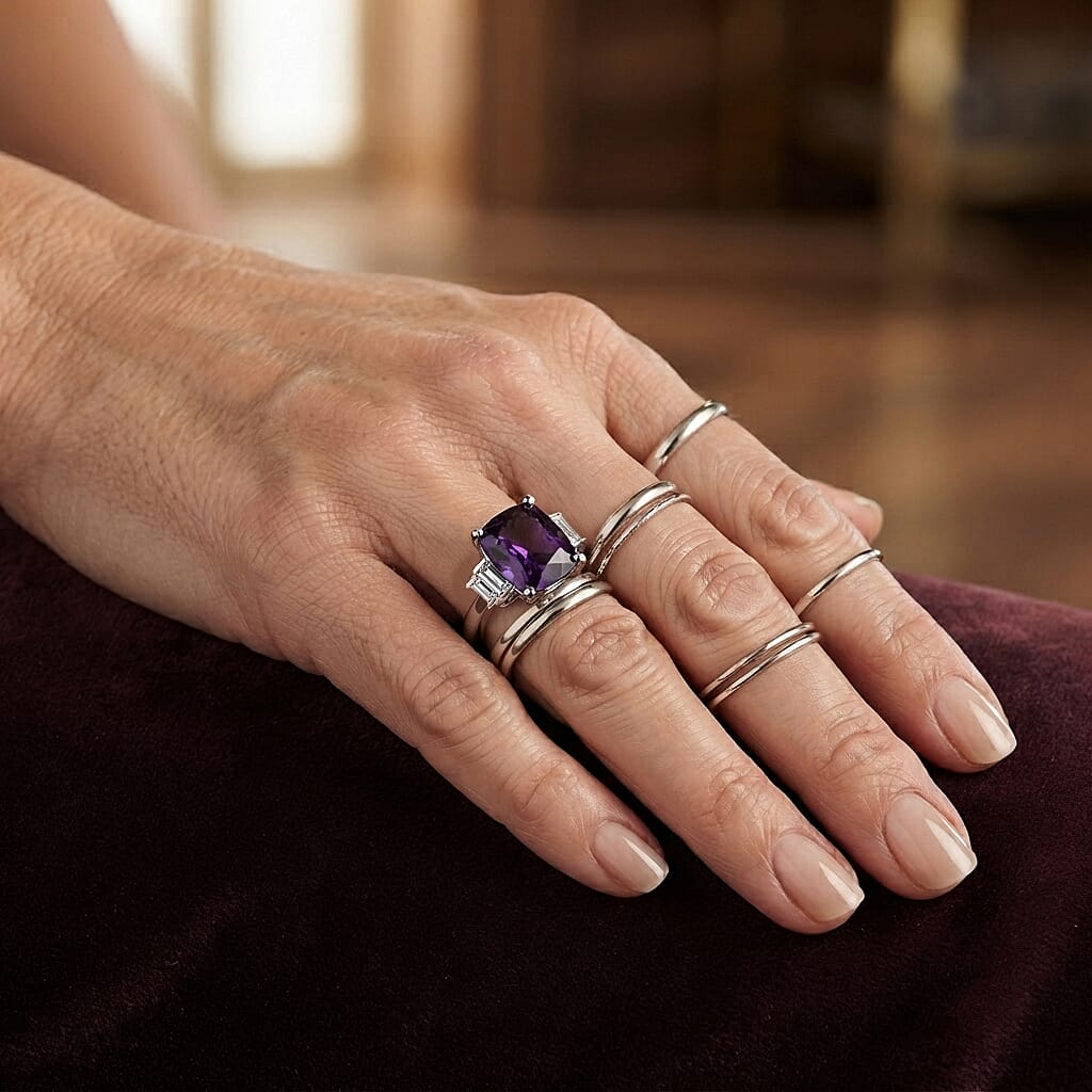 D'Joy - Natural Moroccan Amethyst & Moissanite 5 Stone Ring in Platinum Overlay Sterling Silver 3.43 Ct.