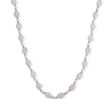 Rose Quartz & White Fresh Water Pearl Beads Necklace (Size - 20) with T Bar Clasp 120.00 Ct.