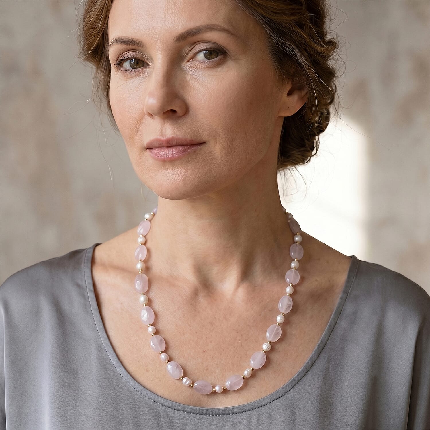 Rose Quartz & White Fresh Water Pearl Beads Necklace (Size - 20) with T Bar Clasp 120.00 Ct.