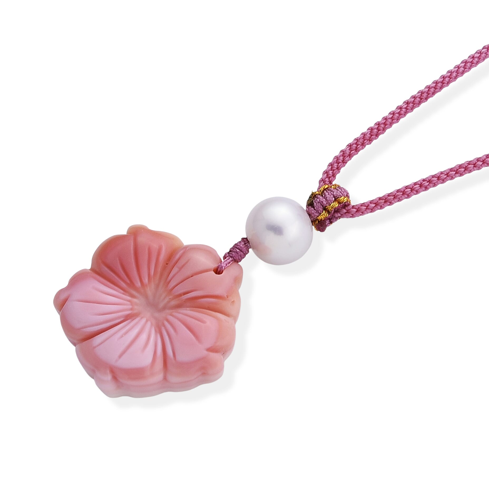 Pink Conch Shell & White Edison Pearl Adjustable Flower Necklace with Cotton Thread (Size - 26) 35.00 Ct.