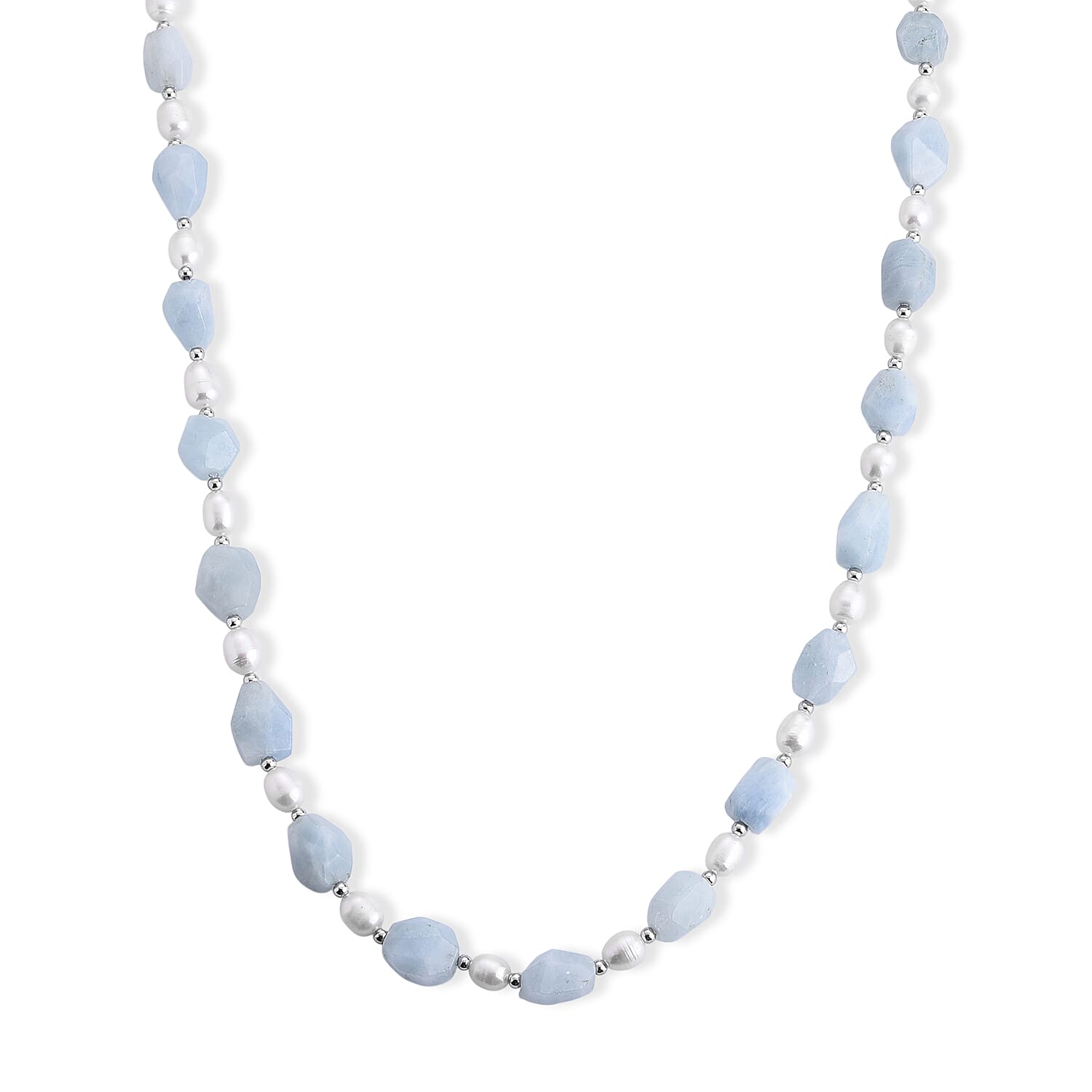 Aquamarine & White Fresh Water Pearl Beads Necklace (Size - 20) with Senorita Clasp 190.00 Ct.