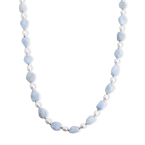 Aquamarine & White Fresh Water Pearl Beads Necklace (Size - 20) with Senorita Clasp 190.00 Ct.
