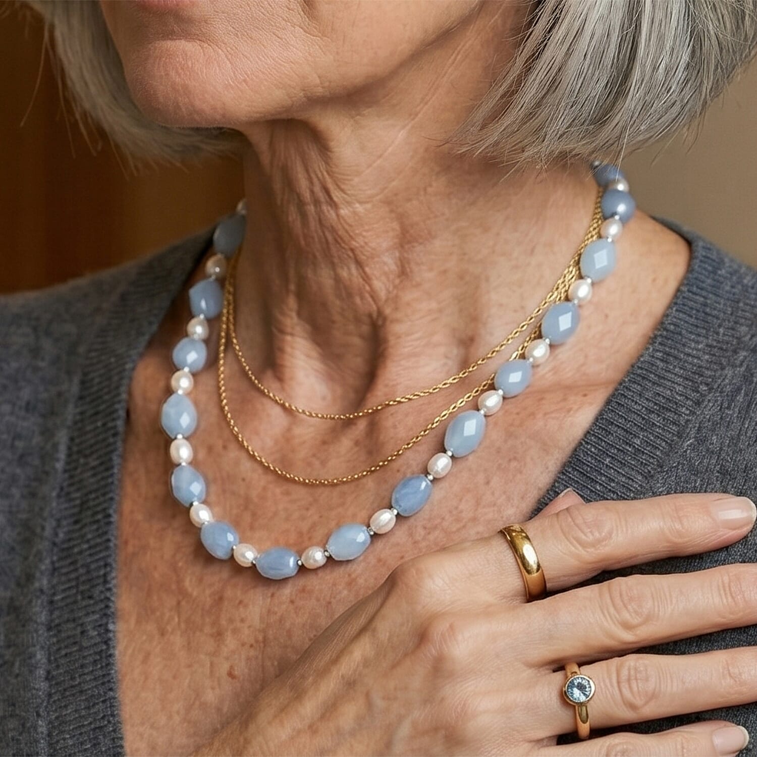 Aquamarine & White Fresh Water Pearl Beads Necklace (Size - 20) with Senorita Clasp 190.00 Ct.