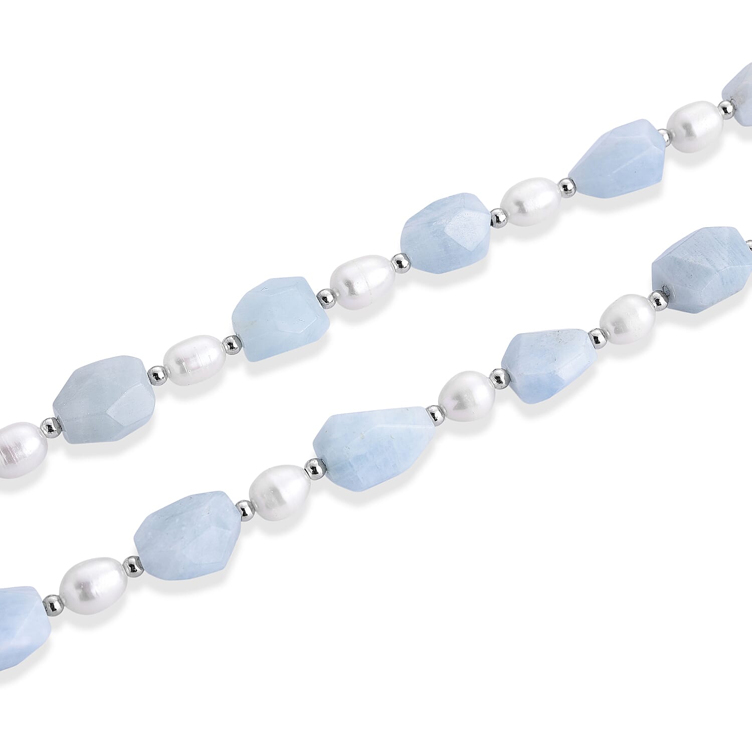 Aquamarine & White Fresh Water Pearl Beads Necklace (Size - 20) with Senorita Clasp 190.00 Ct.