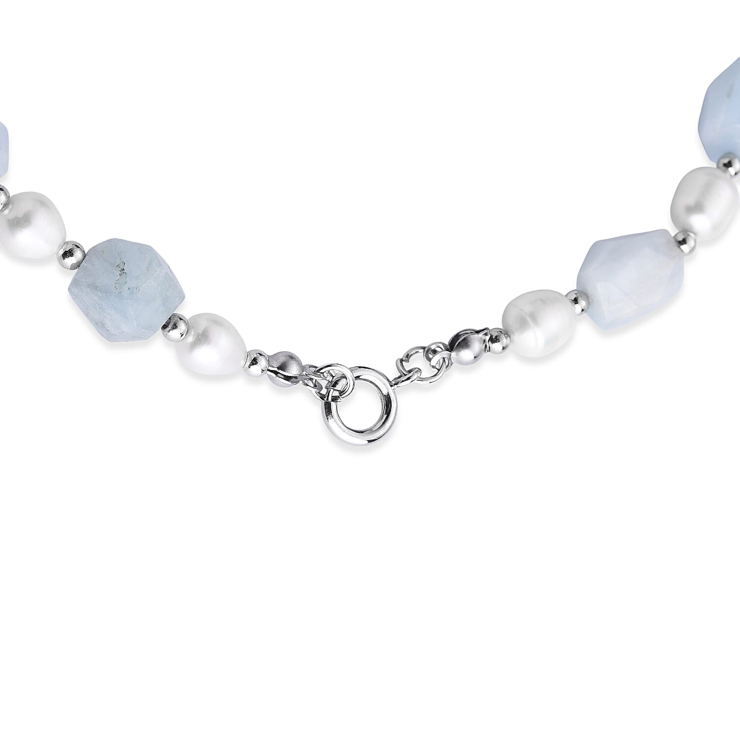 Aquamarine & White Fresh Water Pearl Beads Necklace (Size - 20) with Senorita Clasp 190.00 Ct.