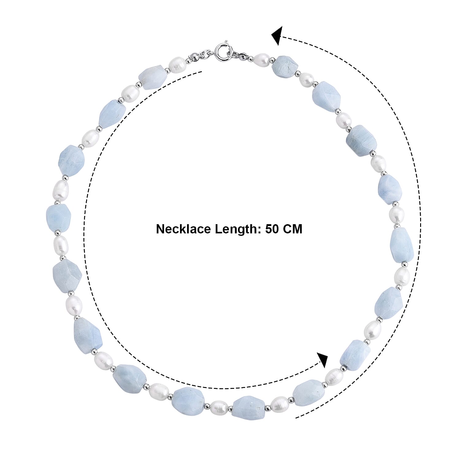Aquamarine & White Fresh Water Pearl Beads Necklace (Size - 20) with Senorita Clasp 190.00 Ct.