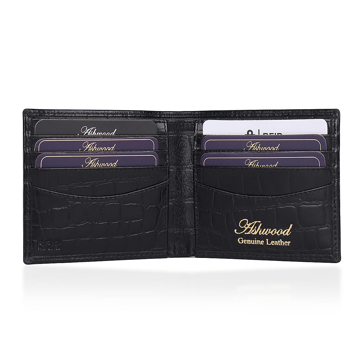 Father's Day Gift Idea - Ashwood Genuine Leather Croc-Embossed RFID Protected Wallet - Black