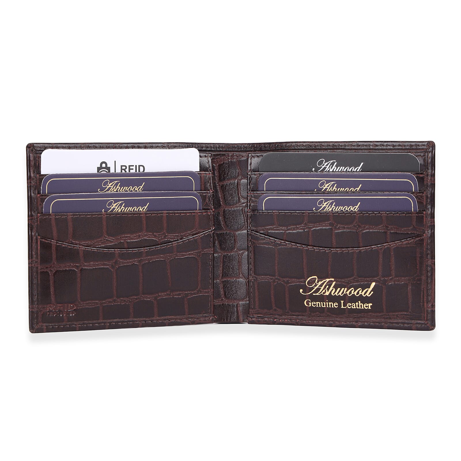 Father's Day Gift Idea - The Ashwood Genuine Leather Croc-Embossed RFID Protected Wallet - Brown