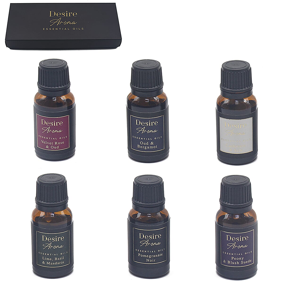 Set Of 6 Essential Oil Scents - Pomegranate Noir, Peony & Blush Suede, Cashmere& Silk, Lime-Basil & Mandarin, Velvet Rose & Oud, Oud & Bergamot (15ml Each)