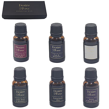 Set Of 6 Essential Oil Scents - Pomegranate Noir, Peony & Blush Suede, Cashmere& Silk, Lime-Basil & Mandarin, Velvet Rose & Oud, Oud & Bergamot (15ml Each)