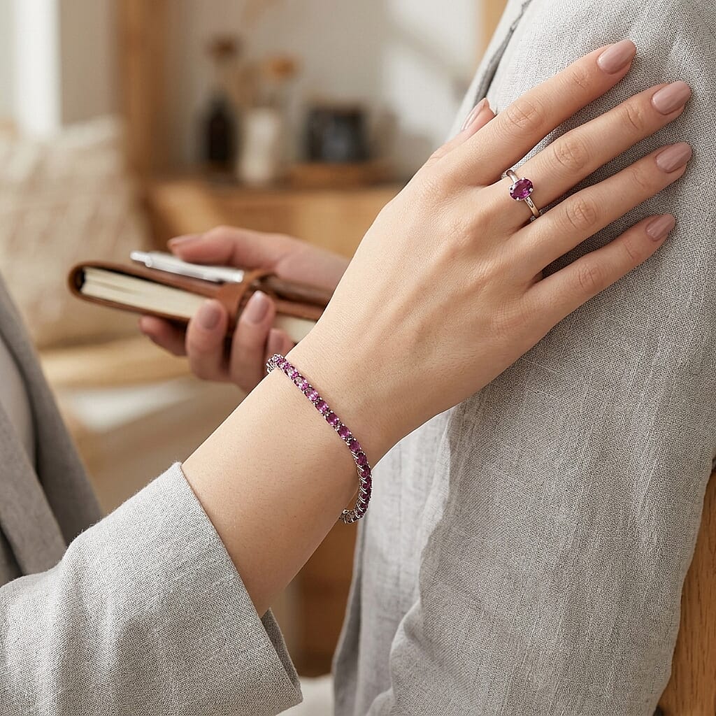 D'Joy - Radiant Ember Garnet Cluster Bracelet (Size - 7.5) with GB Lock Box in Rhodium Overlay Sterling Silver 10.80 Ct.
