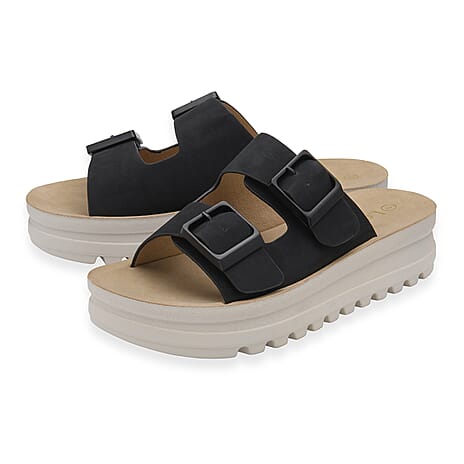 Lotus Volos Casual Open-Toe Double Buckle Strap Platform Mule Sandals (Size 3) - Black