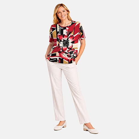 Pure And Natural Abstract Floral Print Top (Size 10-12) - Red