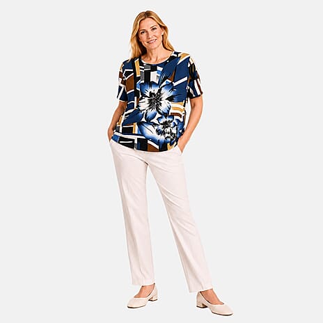 Pure And Natural Abstract Floral Print Top (Size 18-20) - Cobalt Blue