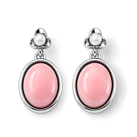 D'Joy - Pink Conch Shell & Fresh Water Pearl Floral Earring with Push Back in Rhodium Overlay Sterling Silver 3.70 Ct.