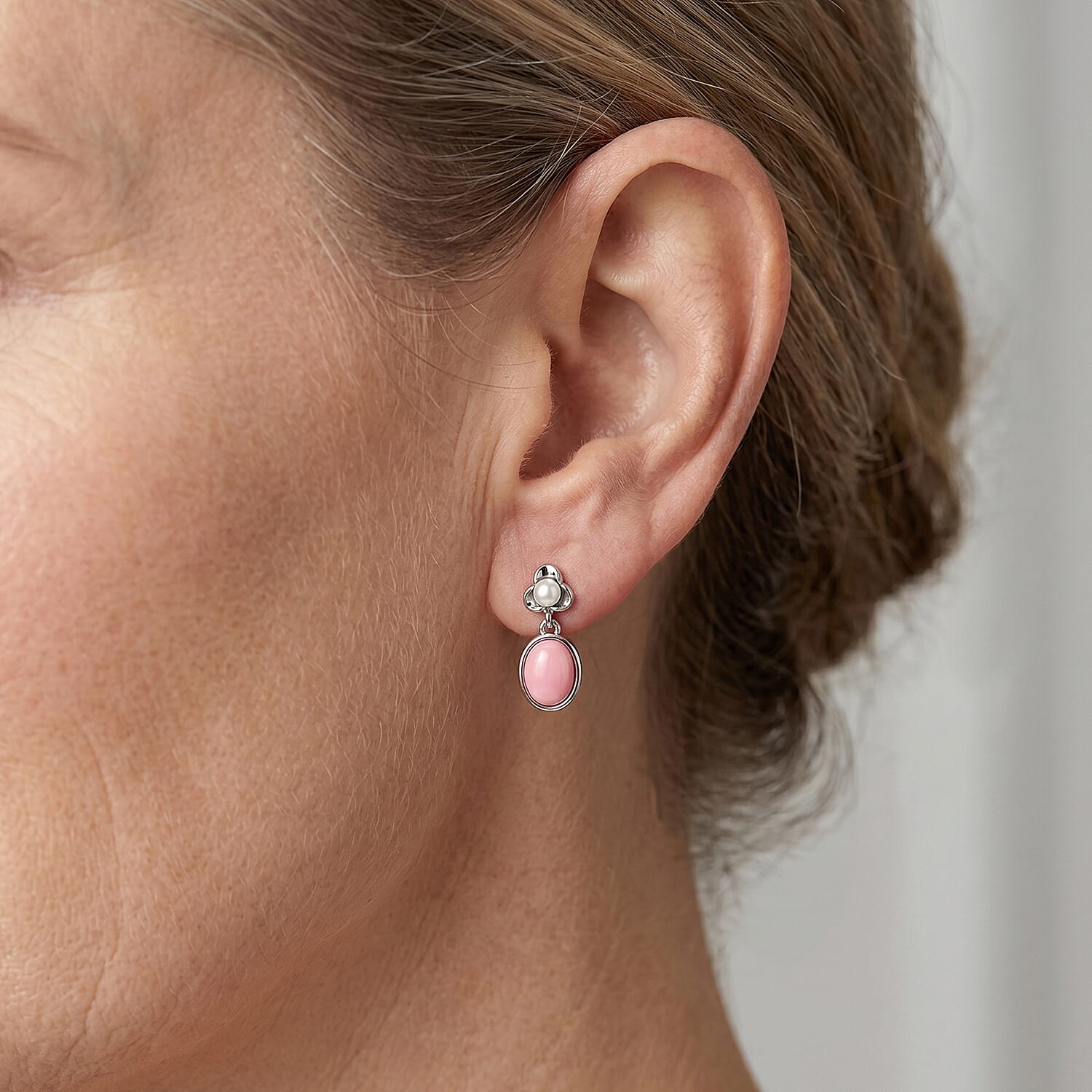 D'Joy - Pink Conch Shell & Fresh Water Pearl Floral Earring with Push Back in Rhodium Overlay Sterling Silver 3.70 Ct.