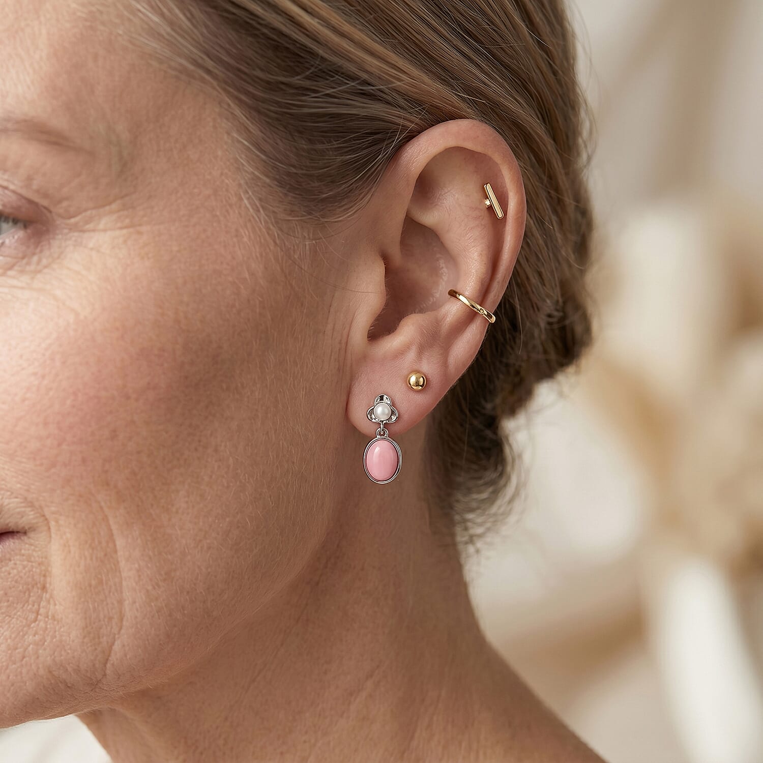 D'Joy - Pink Conch Shell & Fresh Water Pearl Floral Earring with Push Back in Rhodium Overlay Sterling Silver 3.70 Ct.