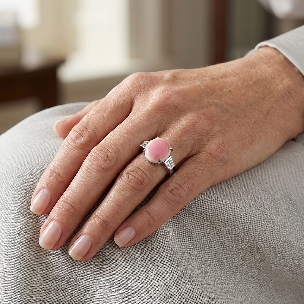 D'Joy Pink Conch Shell, Moissanite Solitaire Ring in Rhodium OverlaySterling Silver  32.640  Ct.