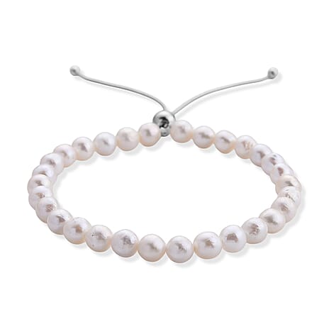 D'Joy - White Fresh Water Pearl Adjustable Beads Bracelet (Size - 6.5-9.5) in Rhodium Overlay Sterling Silver 30.00 Ct.