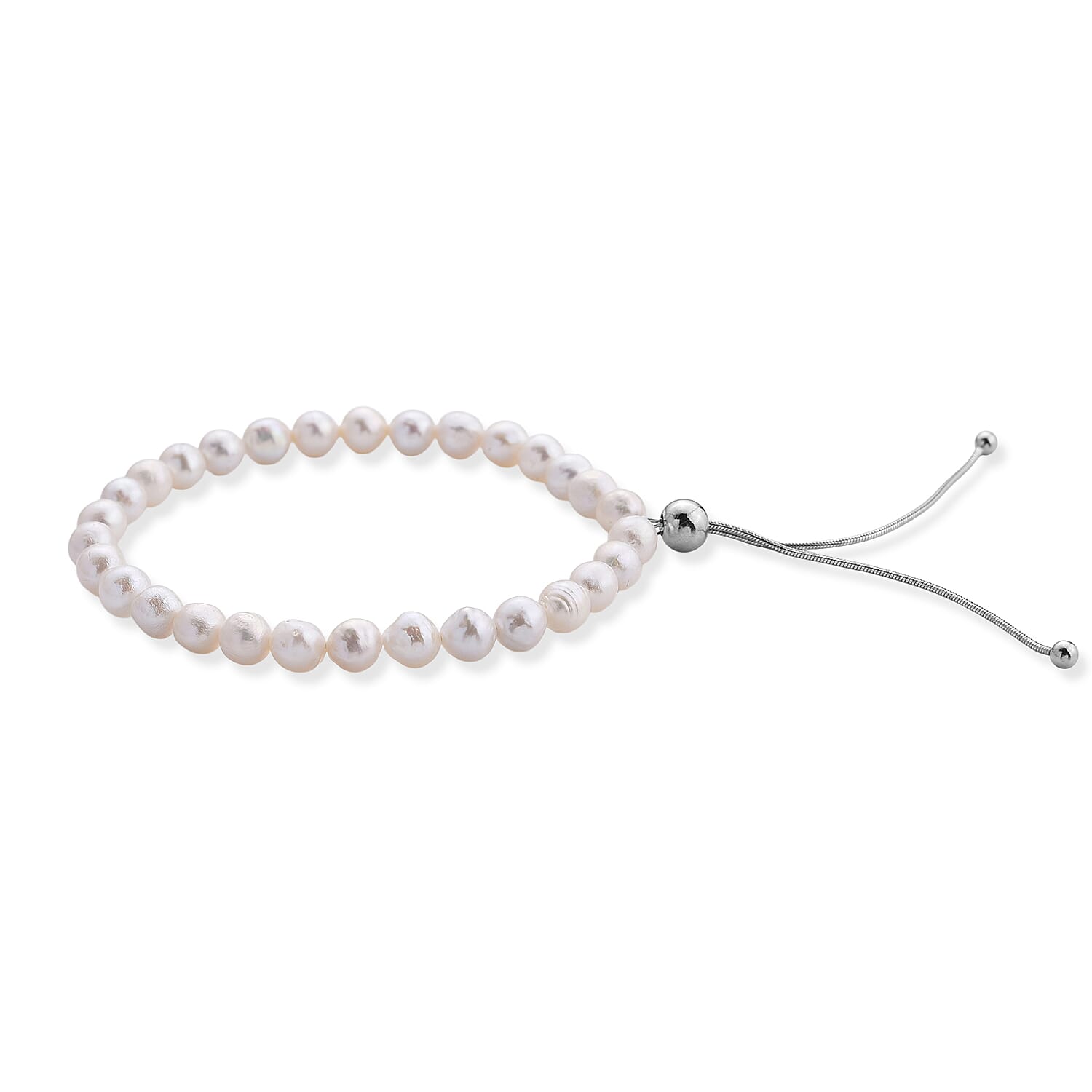 D'Joy - White Fresh Water Pearl Adjustable Beads Bracelet (Size - 6.5-9.5) in Rhodium Overlay Sterling Silver 30.00 Ct.