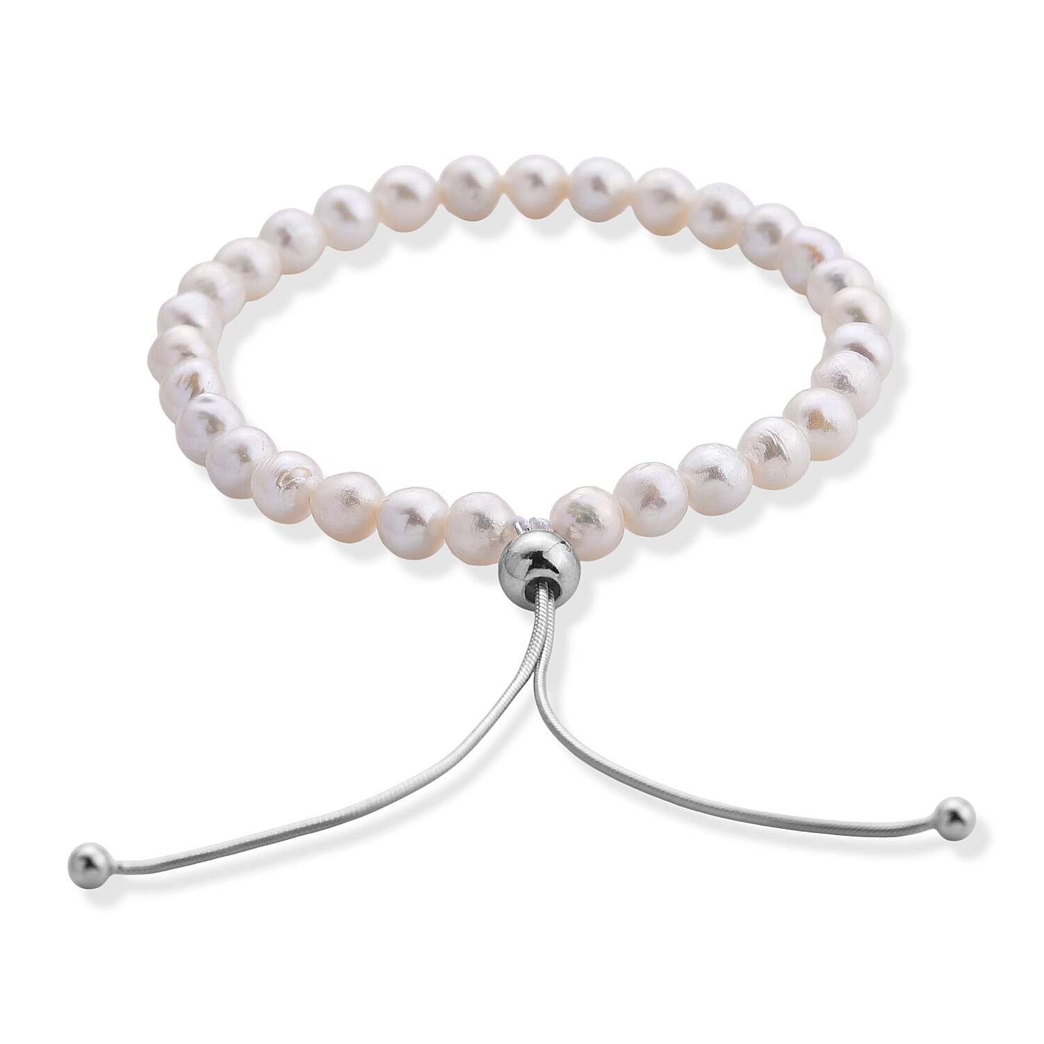 D'Joy - White Fresh Water Pearl Adjustable Beads Bracelet (Size - 6.5-9.5) in Rhodium Overlay Sterling Silver 30.00 Ct.