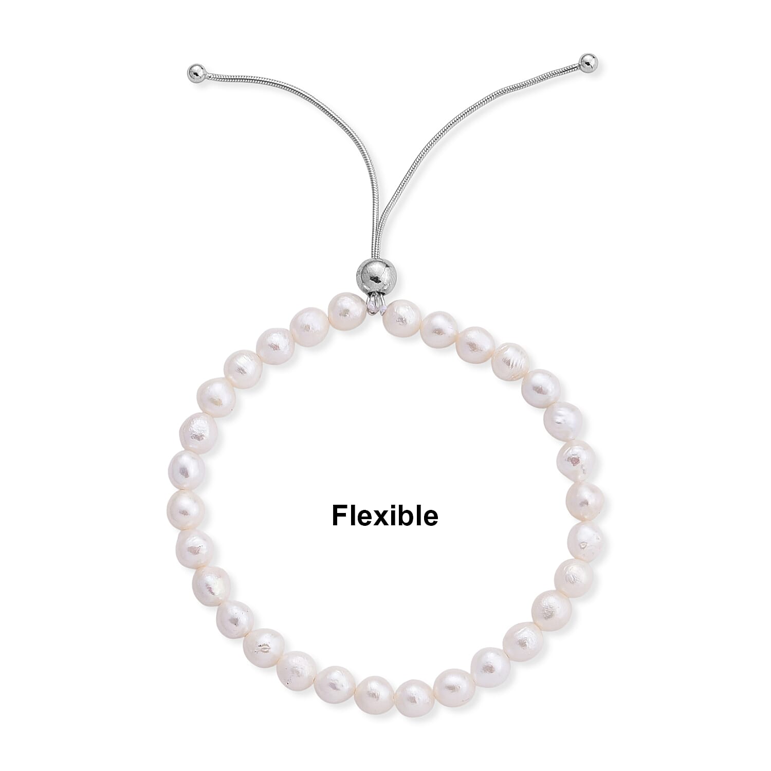 D'Joy - White Fresh Water Pearl Adjustable Beads Bracelet (Size - 6.5-9.5) in Rhodium Overlay Sterling Silver 30.00 Ct.