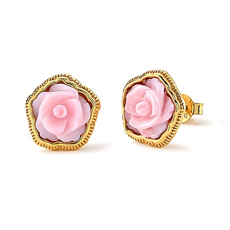D'Joy - Pink Conch Shell Floral Stud Earring with Push Back in Yellow Gold Plated Sterling Silver 5.70 Ct.