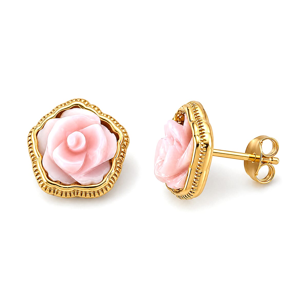 D'Joy - Pink Conch Shell Floral Stud Earring with Push Back in Yellow Gold Plated Sterling Silver 5.70 Ct.