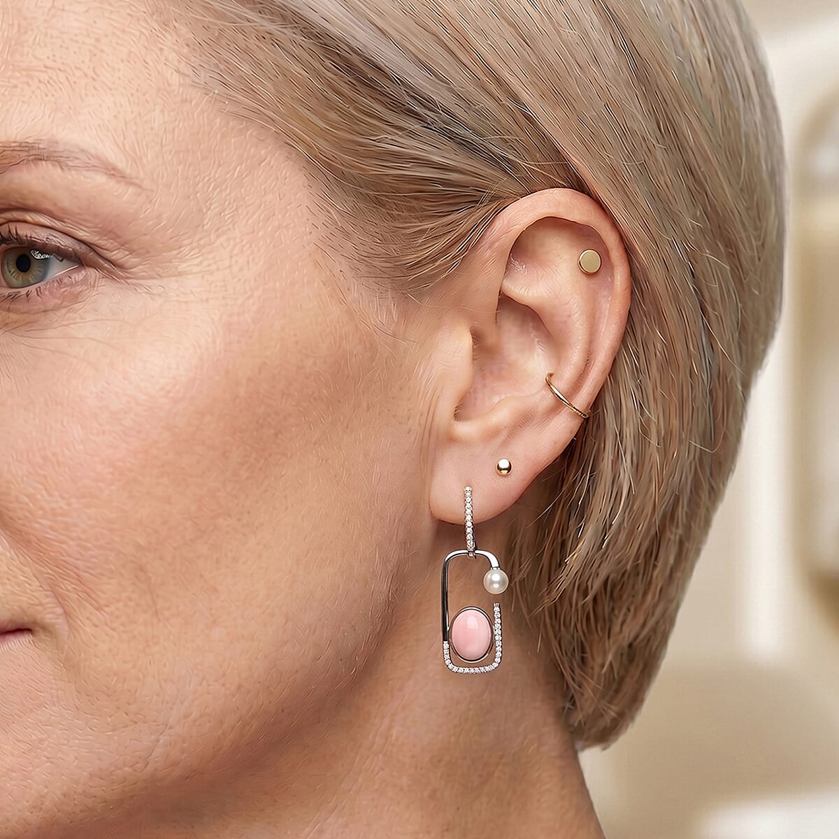 D'Joy - Pink Conch Shell, Moissanite & Fresh Water Pearl Geometric Drop Earring in Rhodium Overlay Sterling Silver 6.66 Ct.
