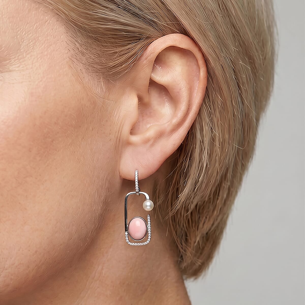 D'Joy - Pink Conch Shell, Moissanite & Fresh Water Pearl Geometric Drop Earring in Rhodium Overlay Sterling Silver