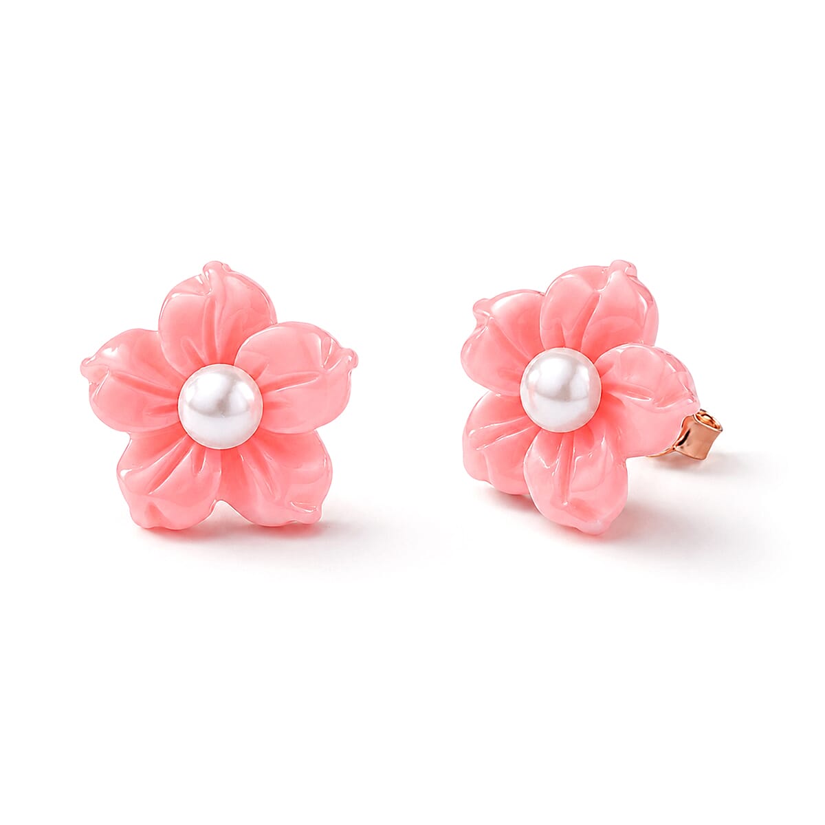 D'Joy - Pink Conch Shell & White Fresh Water Pearl Floral Carving  Earring in Rose Gold Plated Sterling Silver 7.66 Ct.