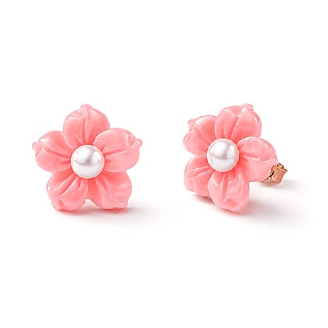 D'Joy - Pink Conch Shell & White Fresh Water Pearl Floral Carving  Earring in Rose Gold Plated Sterling Silver 7.66 Ct.
