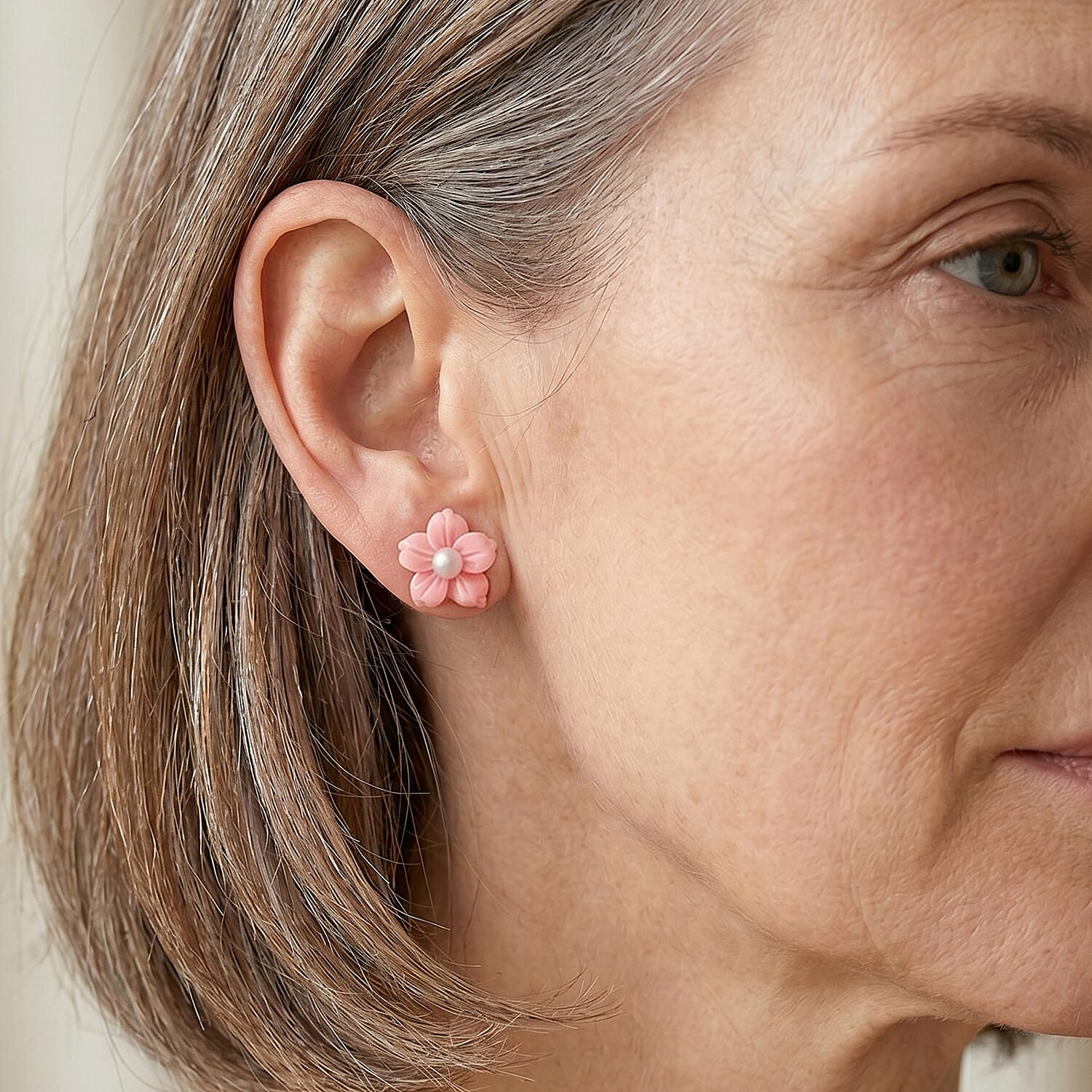 D'Joy - Pink Conch Shell & White Fresh Water Pearl Floral Carving  Earring in Rose Gold Plated Sterling Silver 7.66 Ct.