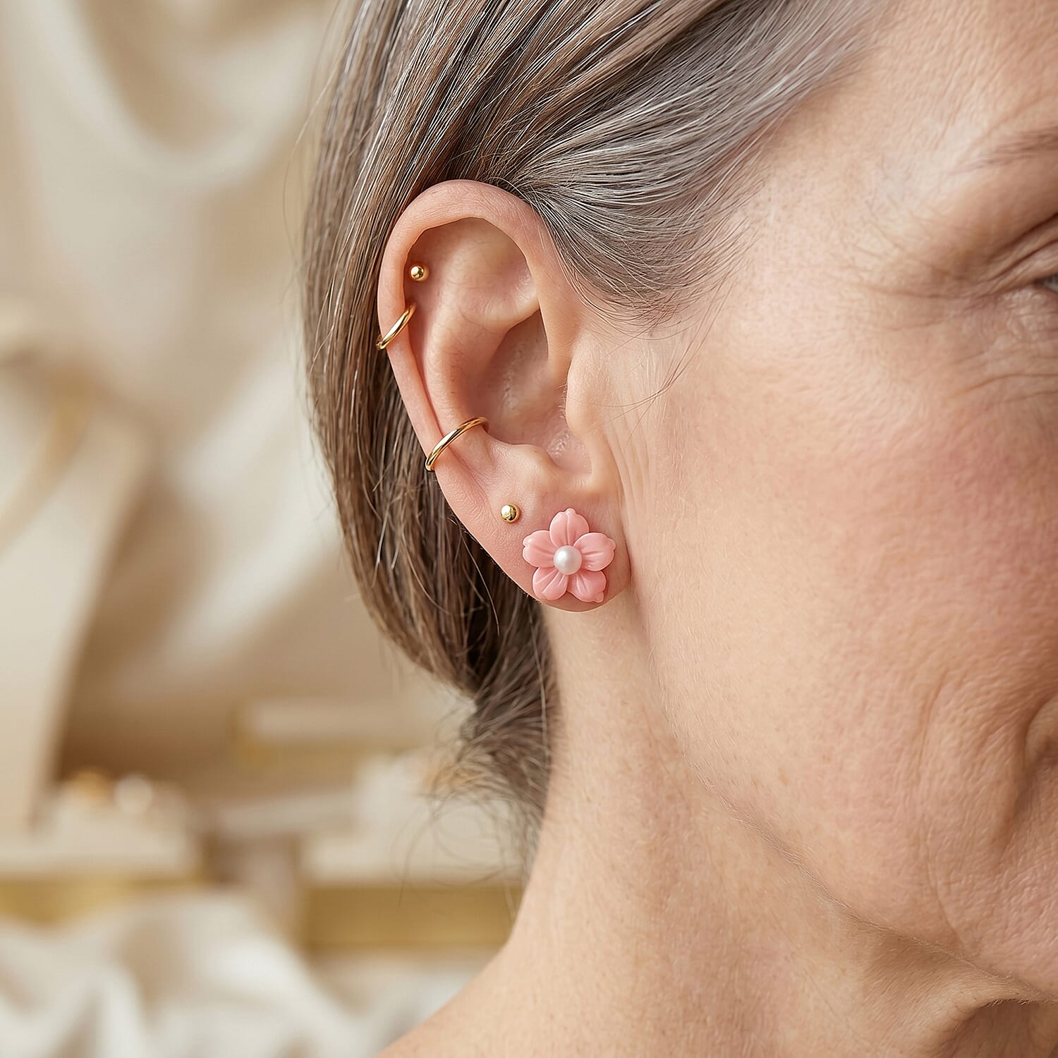 D'Joy - Pink Conch Shell & White Fresh Water Pearl Floral Carving  Earring in Rose Gold Plated Sterling Silver 7.66 Ct.