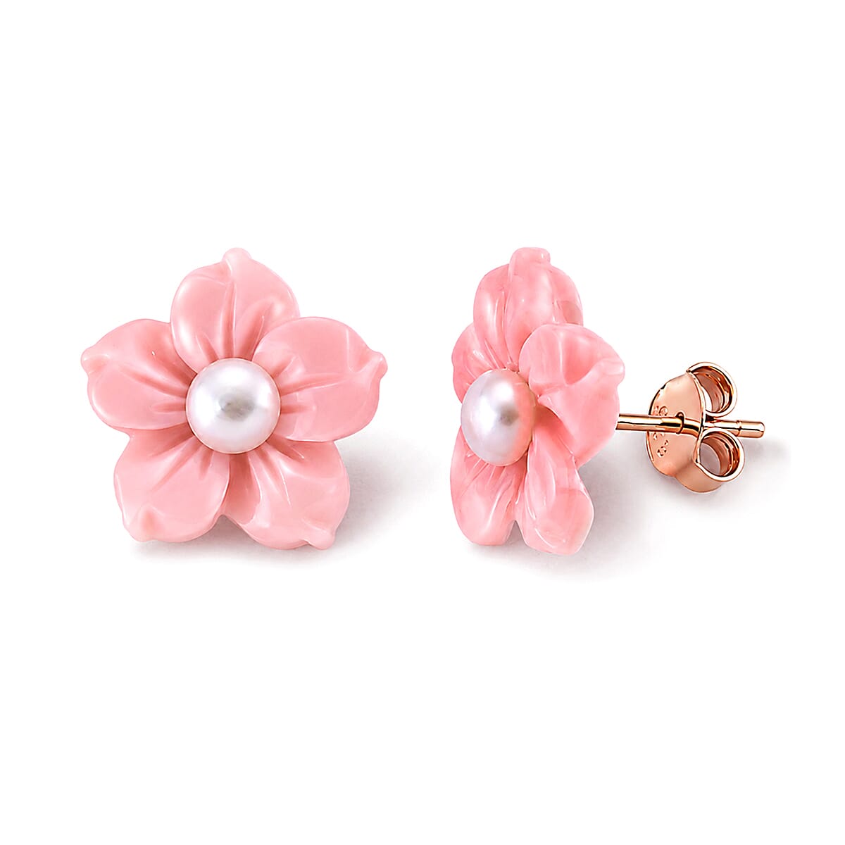D'Joy - Pink Conch Shell & White Fresh Water Pearl Floral Carving  Earring in Rose Gold Plated Sterling Silver 7.66 Ct.