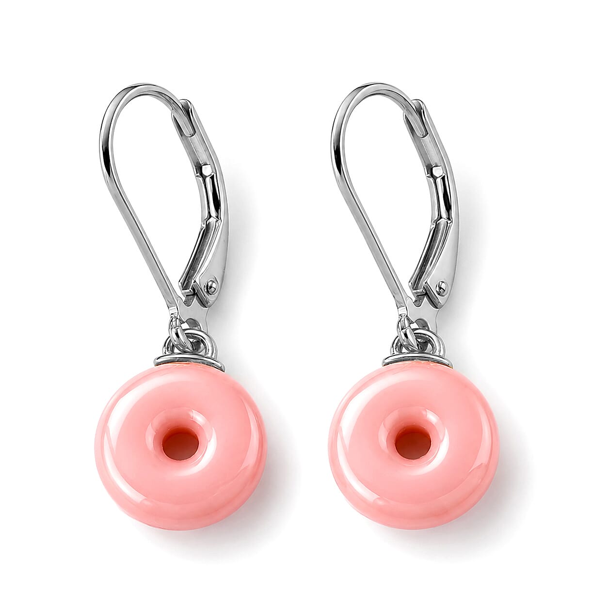 D'Joy - Pink Conch Shell Donut Shape Drop Earring with Lever Back in Rhodium Overlay Sterling Silver 6.40 Ct.