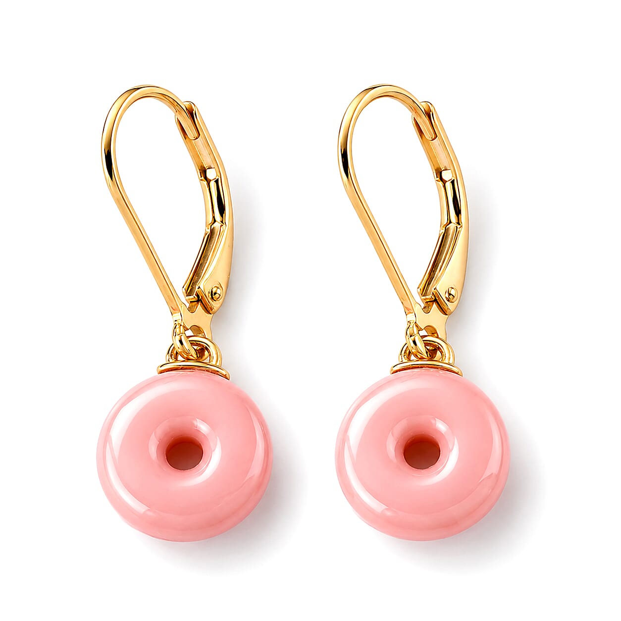 D'Joy - Pink Conch Shell Donut Shape Drop Earring with Lever Back in Yellow Gold Plated Sterling Silver 6.40 Ct.