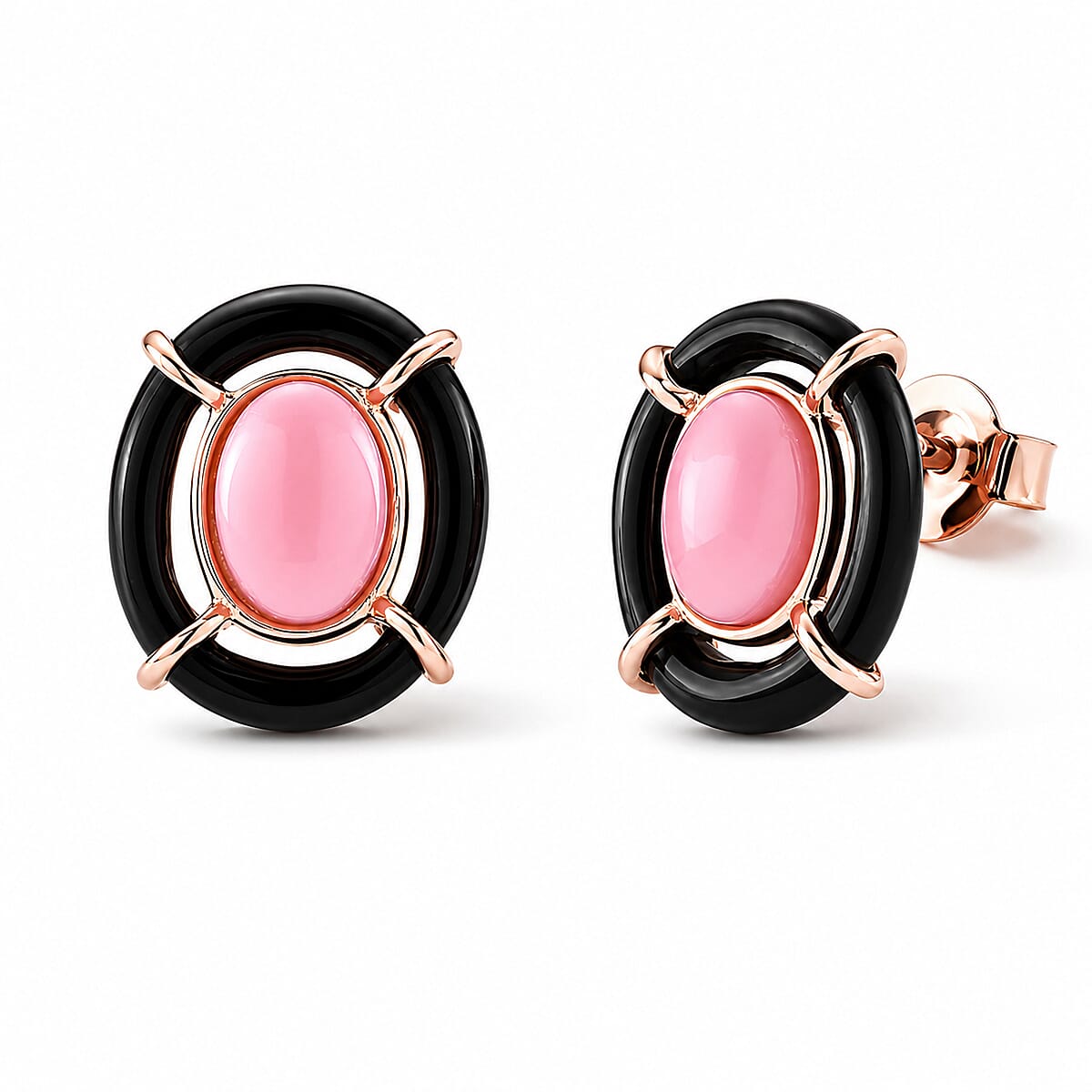 D'Joy - Pink Conch Shell & Dyed Black Jade Concentric Earring with Push Back in Rose Gold Plated Sterling Silver 4.90 Ct.
