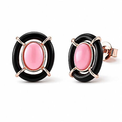 D'Joy - Pink Conch Shell & Dyed Black Jade Concentric Earring with Push Back in Rose Gold Plated Sterling Silver 4.90 Ct.