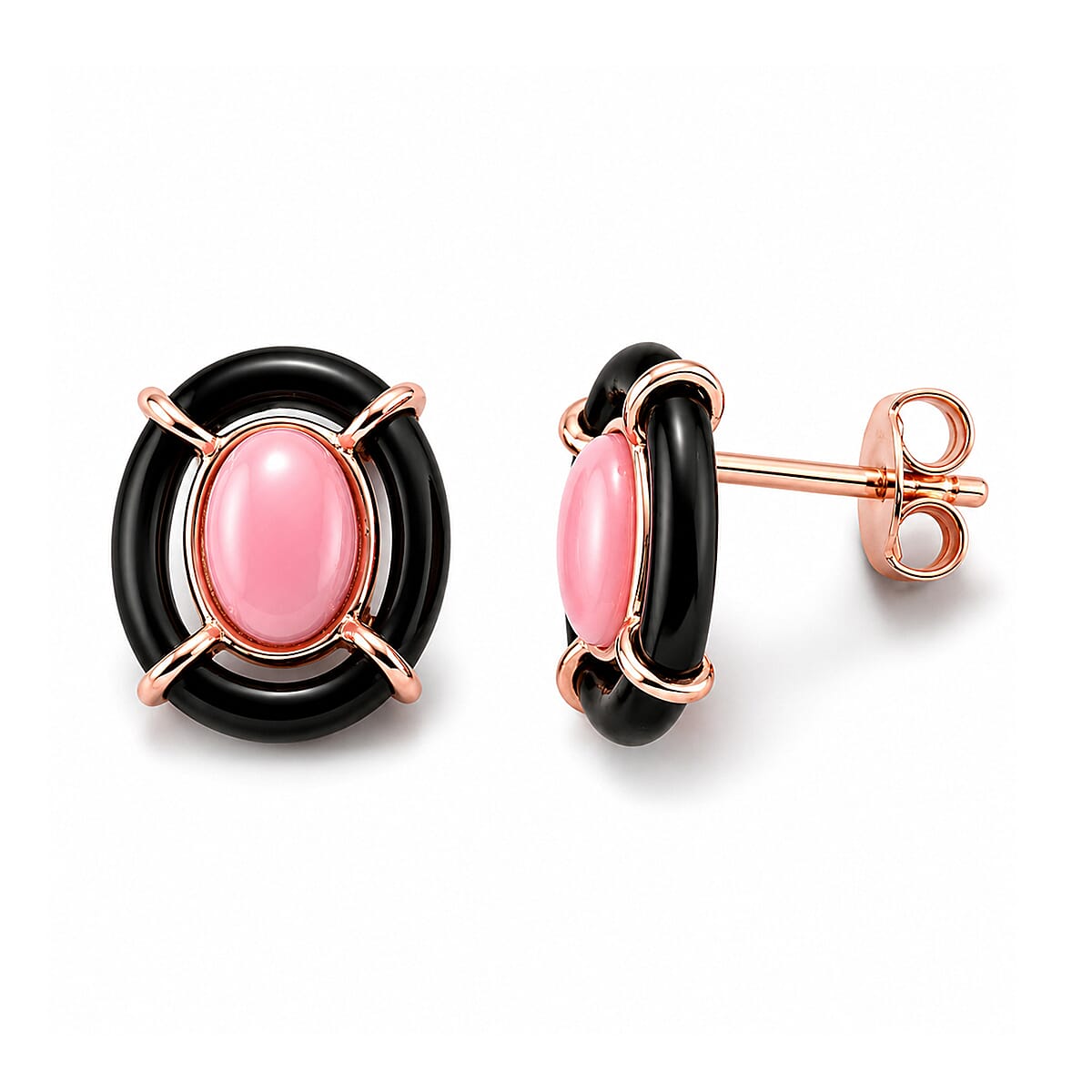 D'Joy - Pink Conch Shell & Dyed Black Jade Concentric Earring with Push Back in Rose Gold Plated Sterling Silver 4.90 Ct.