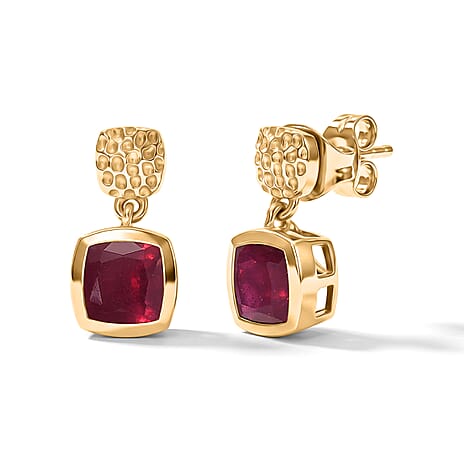 D'Joy - African Ruby Dangling Earring with Push Post in Yellow Gold Plated Sterling Silver 3.44 Ct.