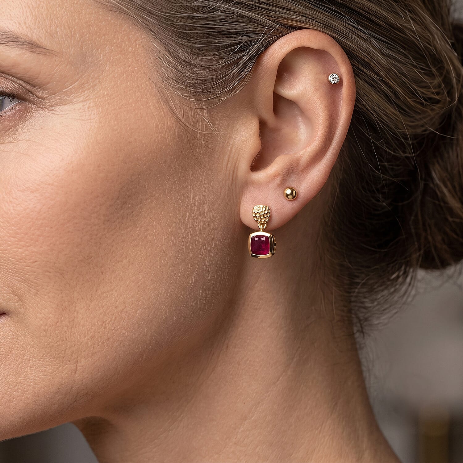 D'Joy - African Ruby Dangling Earring with Push Post in Yellow Gold Plated Sterling Silver 3.44 Ct.