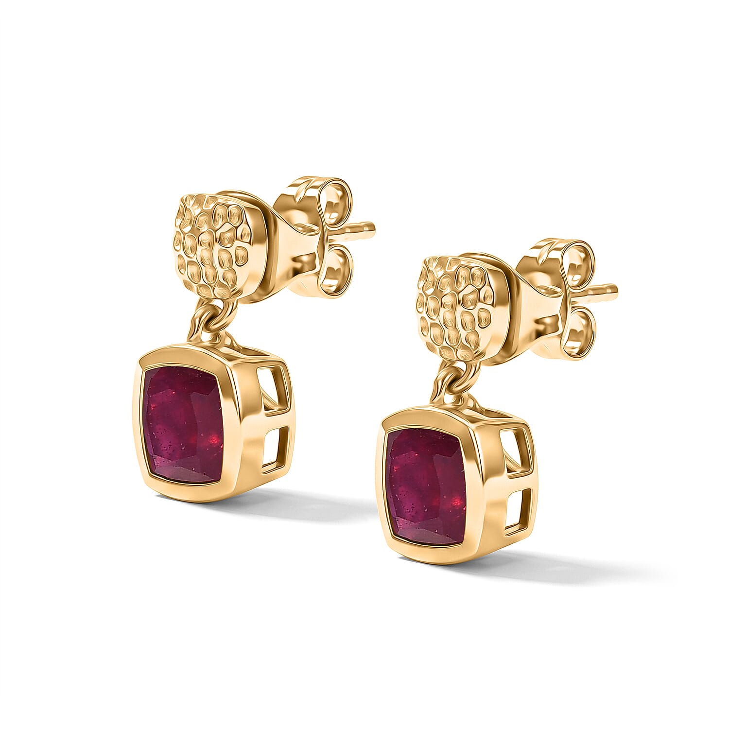 D'Joy - African Ruby Dangling Earring with Push Post in Yellow Gold Plated Sterling Silver 3.44 Ct.