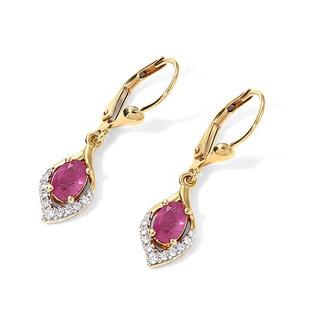 D'Joy - African Ruby & White Zircon Lever Back Earring in Yellow Gold Plated Sterling Silver 1.50 Ct.